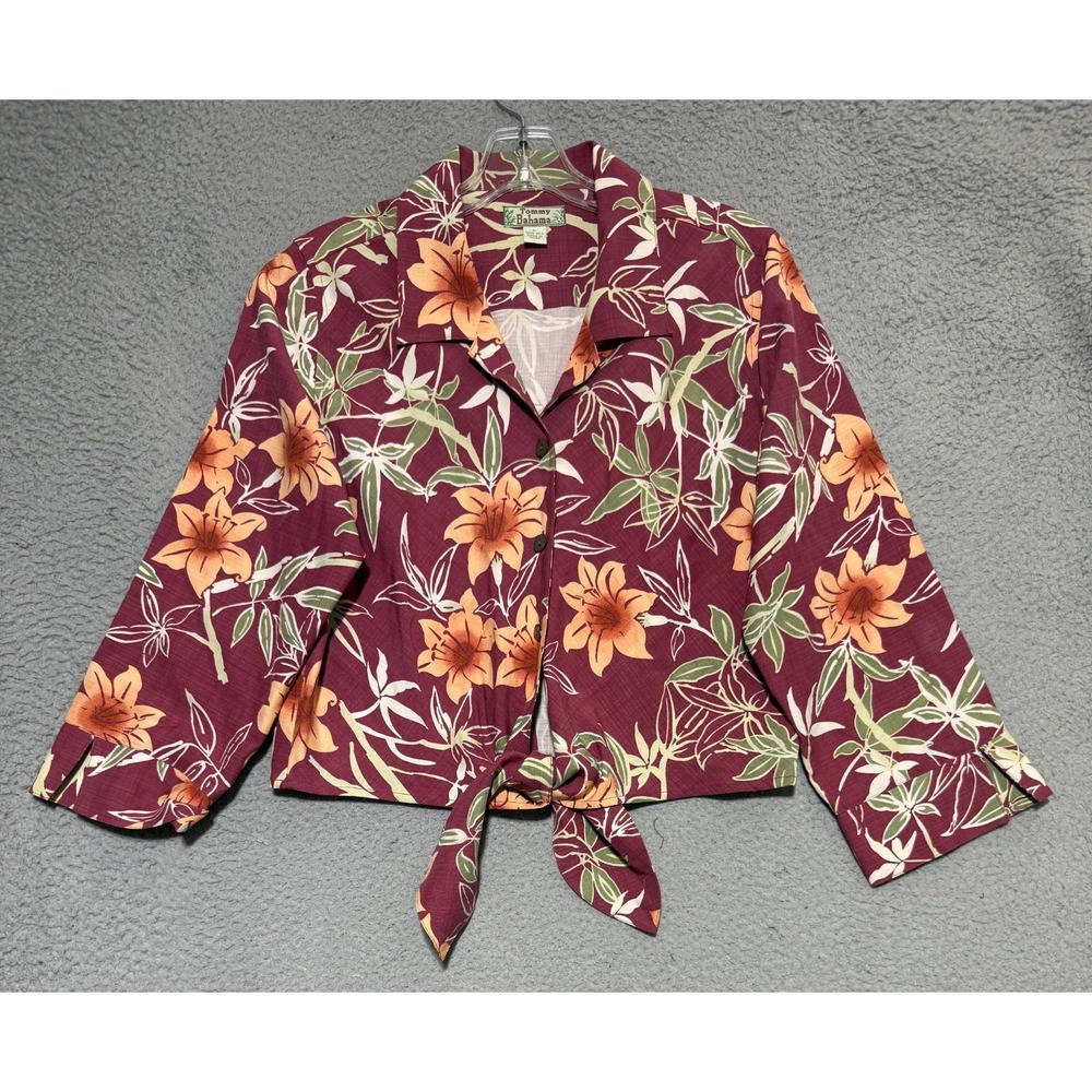 Tommy Bahama 100% Silk long sleeve front tie Floral button shirt Womens Large